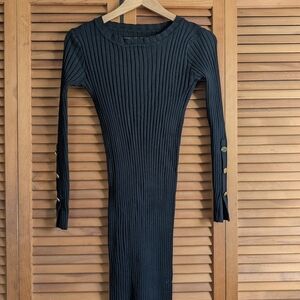 Chic Black Ribbed Midi Dress with Button Accents